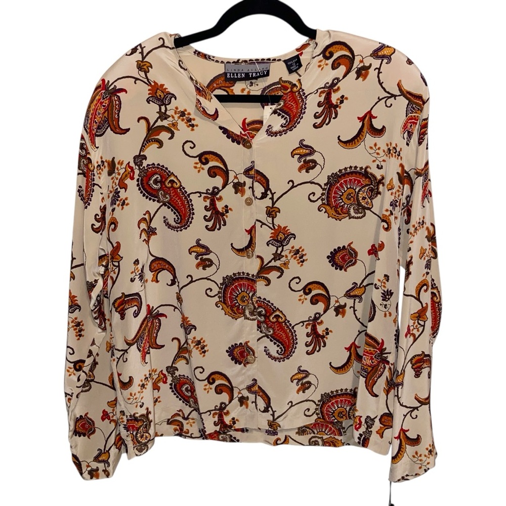 Vintage Ellen Tracy Blouse Womens 12 Top Shirt Silk Paisley Floral Career Office